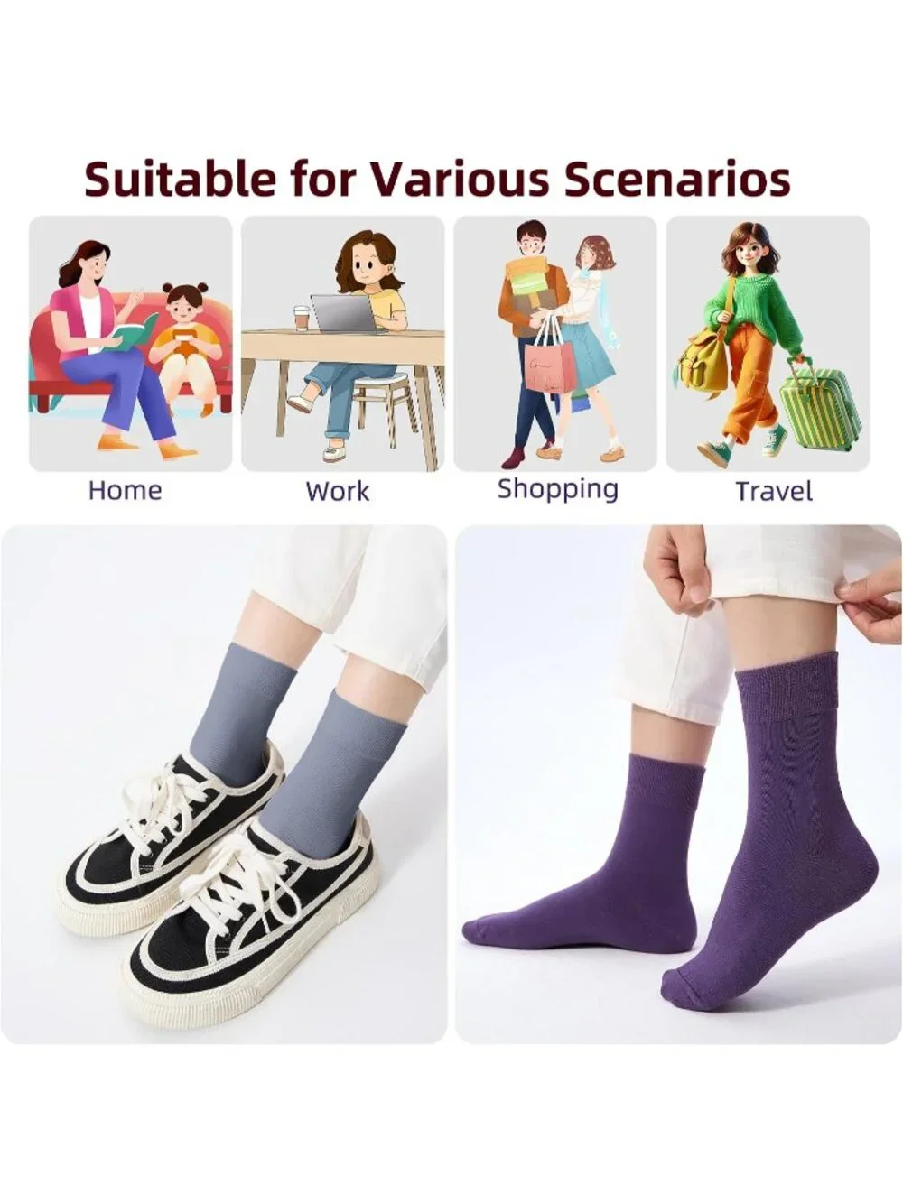 🧦Women's Green Orange Blue 6 Pairs Thin Above Ankle Socks Cotton Crew Socks